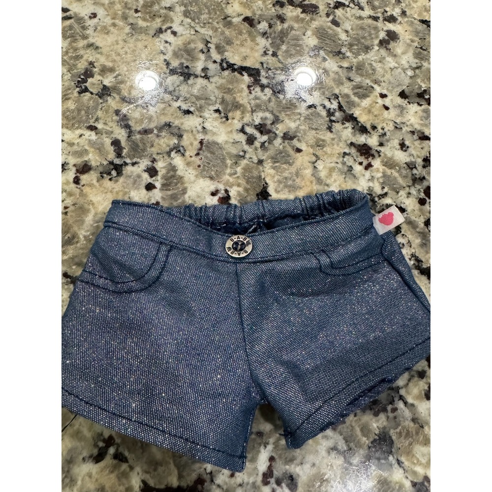 Build-A-Bear‎ Workshop Blue Sparkle Denim Shorts with Tail Hole Logo Button
